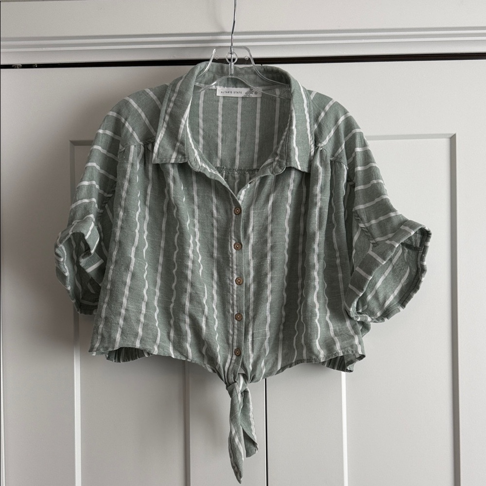 Altar'd State Striped Cropped Button-Down Shirt